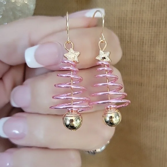 PINK COIL TREE CHRISTMAS EARRINGS - Picture 5 of 8
